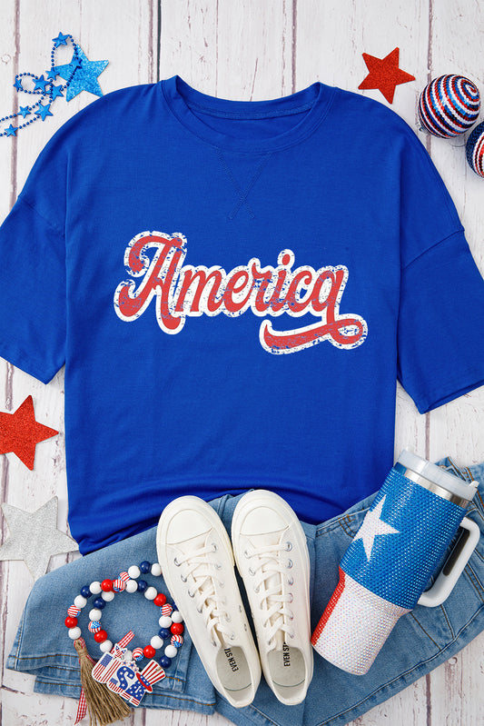 Dark Blue Contrast America Graphic Drop Shoulder Tee Graphic Tees JT's Designer Fashion