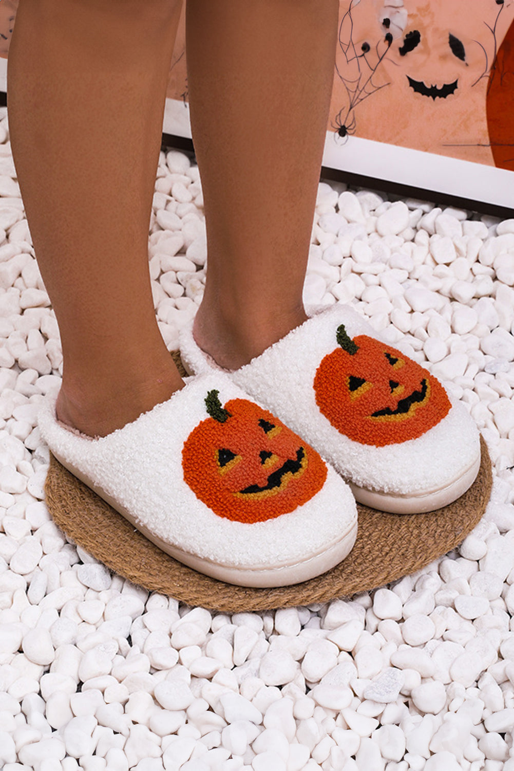 White Halloween Pumpkin Print Plush Slippers Slippers JT's Designer Fashion