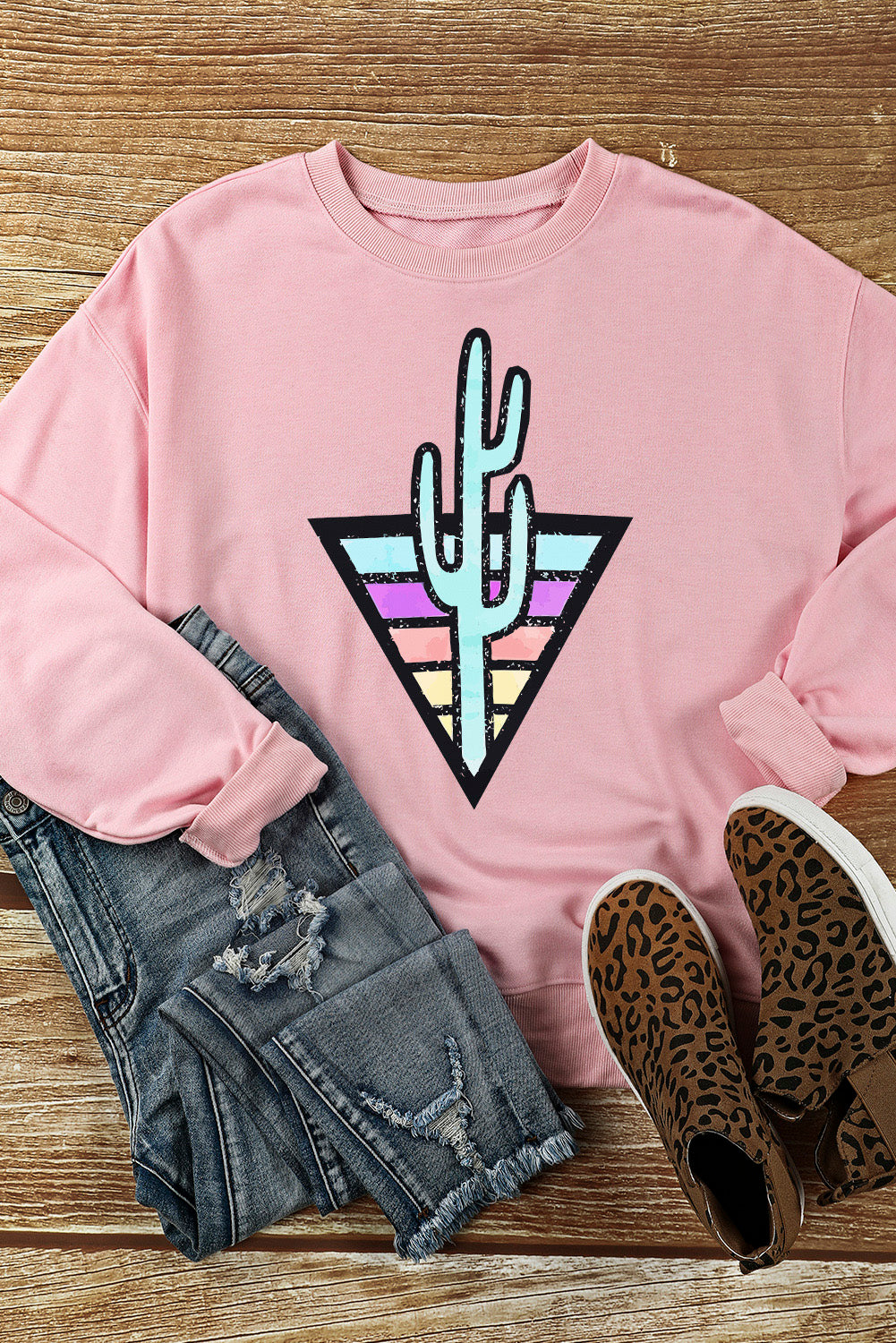 Pink Western Cactus Color Block Pullover Sweatshirt Graphic Sweatshirts JT's Designer Fashion