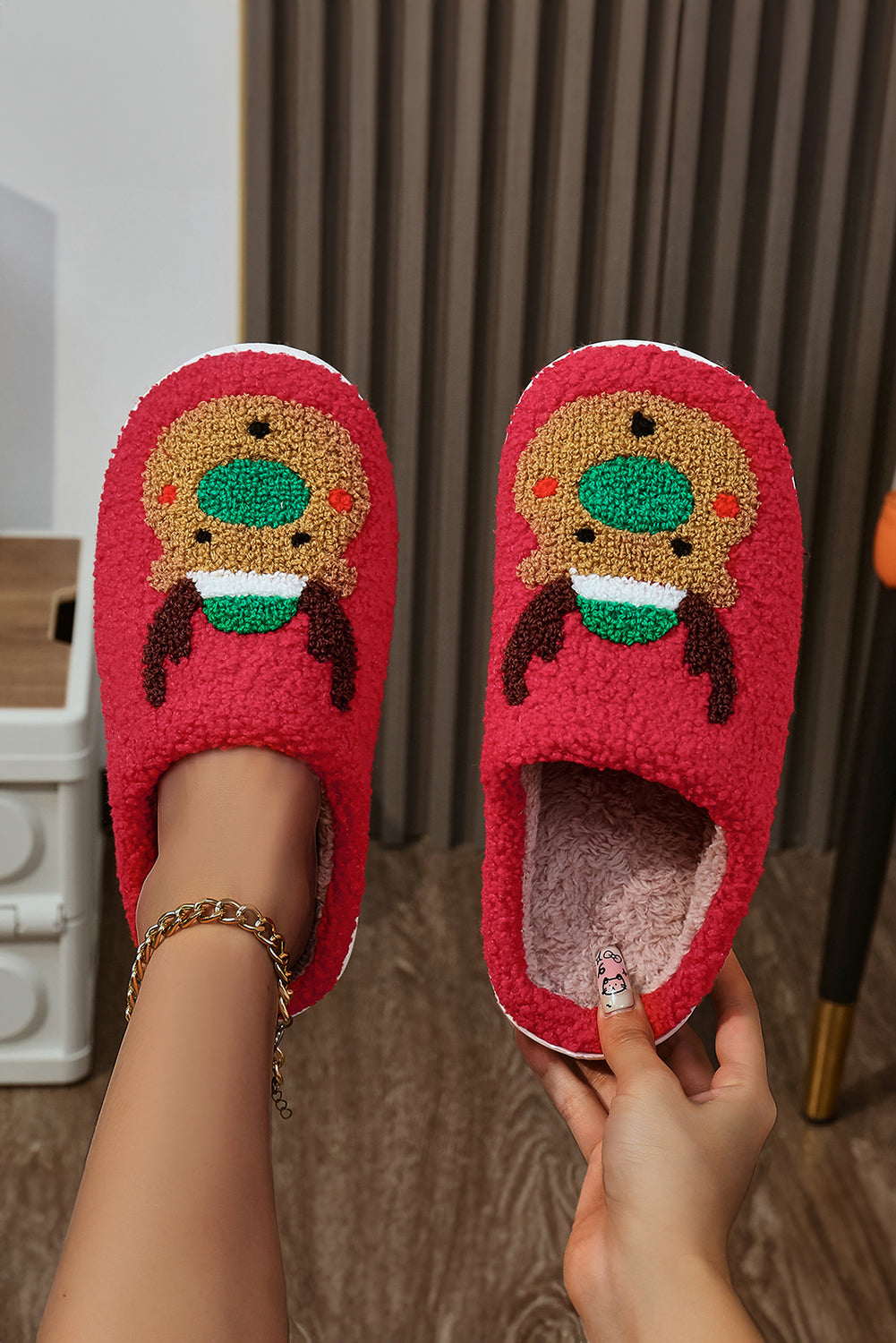 Fiery Red Christmas Reindeer Pattern Thick Sole Plush Slippers Slippers JT's Designer Fashion