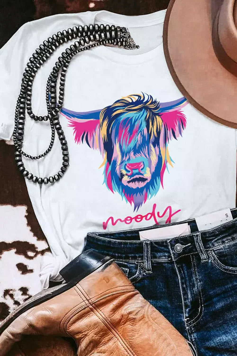 White Highland Heifer Moody Graphic T-shirt Graphic Tees JT's Designer Fashion