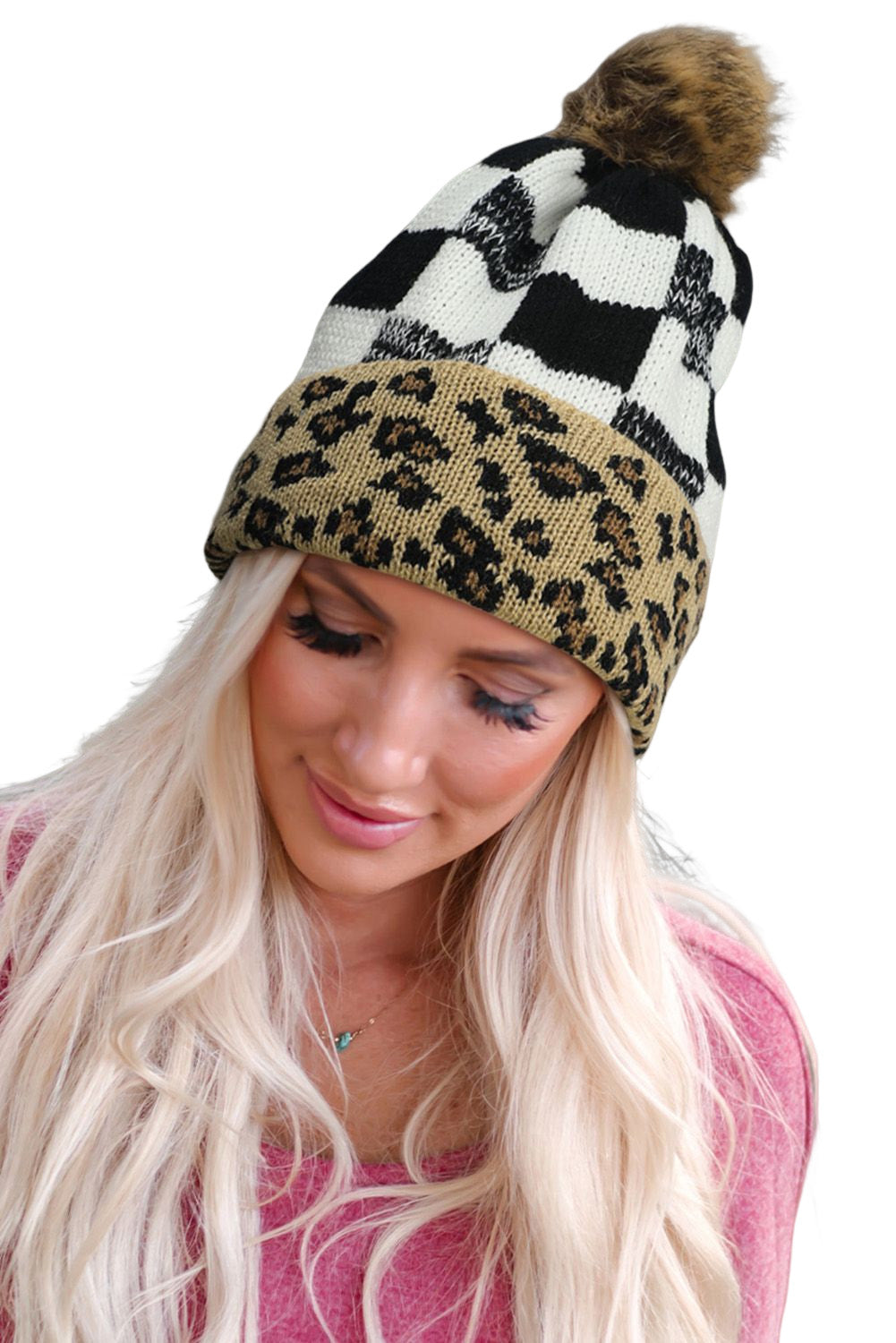 Black Plaid Leopard Patchwork Pom Knit Beanie Hat Hats & Caps JT's Designer Fashion