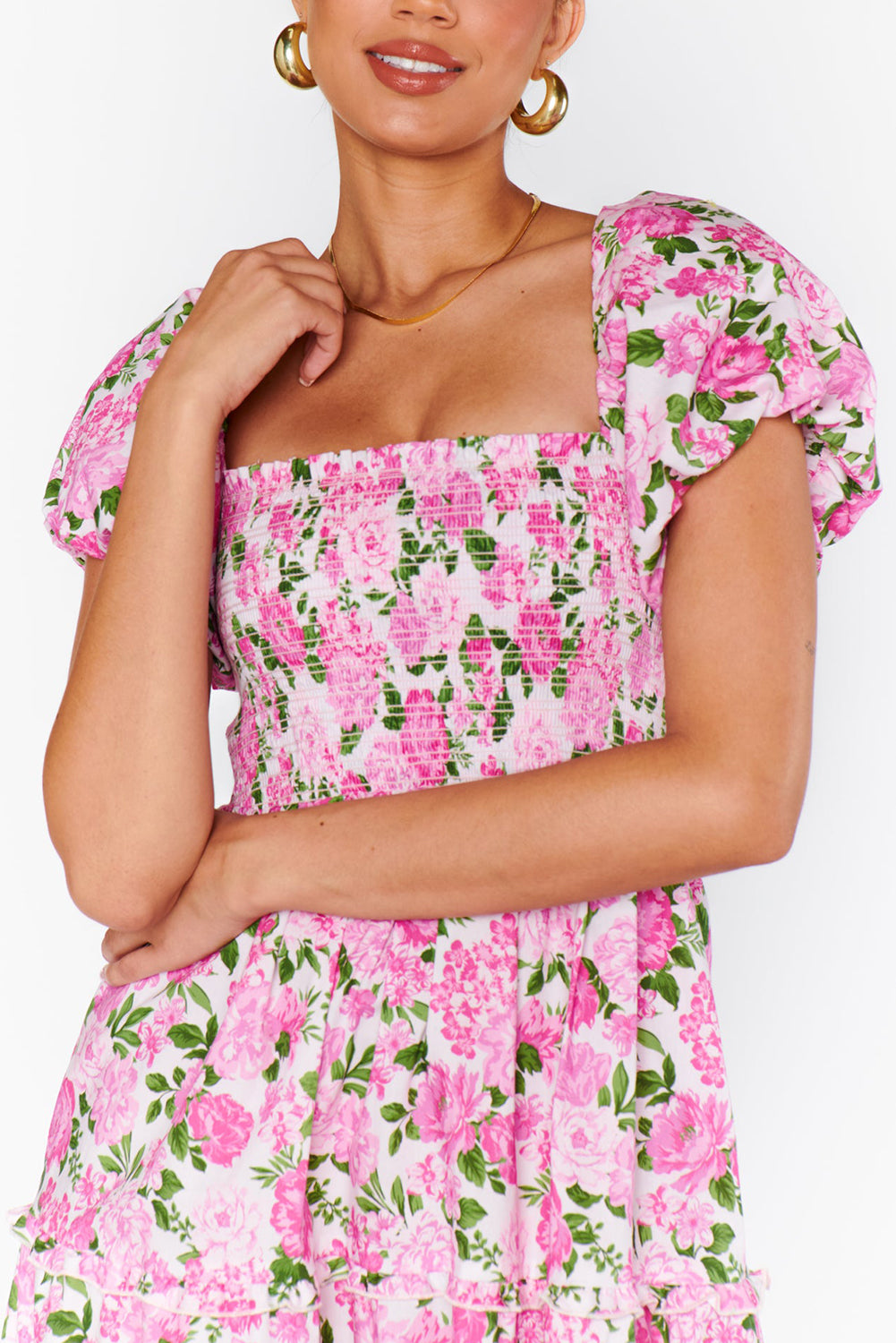 Pink Dainty Floral Smocked Puff Sleeve Flowy Long Dress Maxi Dresses JT's Designer Fashion