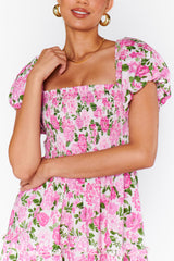 Pink Dainty Floral Smocked Puff Sleeve Flowy Long Dress Maxi Dresses JT's Designer Fashion