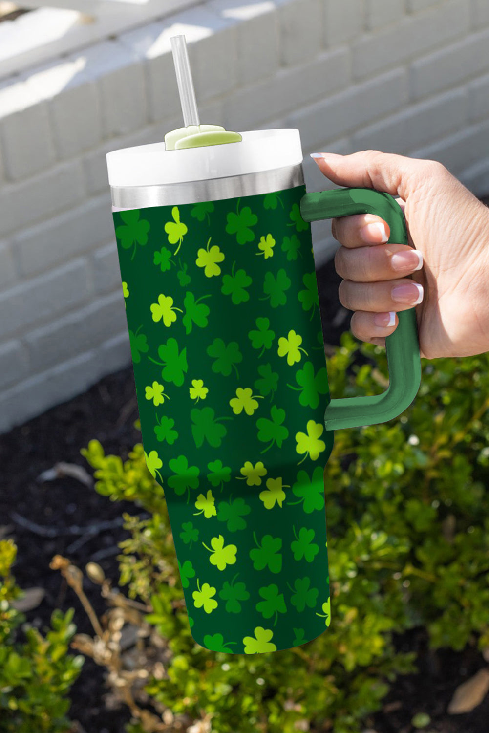 Dark Green St. Patricks Shamrock Print Handle Vacuum Cup 1200ml Tumblers JT's Designer Fashion