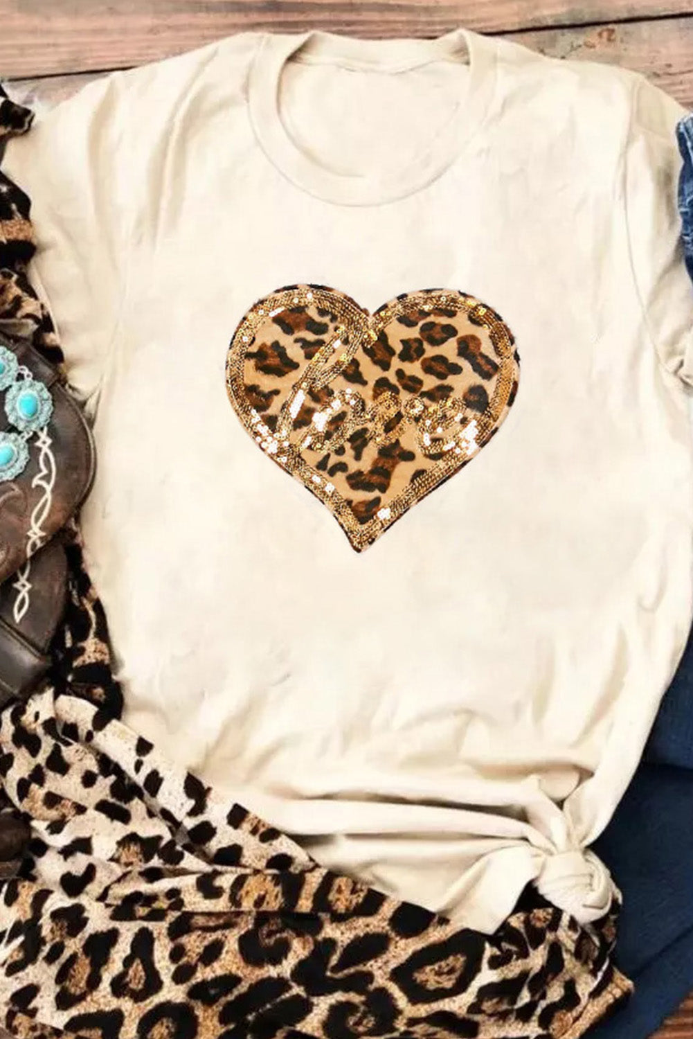 Khaki Sequined Leopard Love Heart Print Crew Neck T Shirt Graphic Tees JT's Designer Fashion