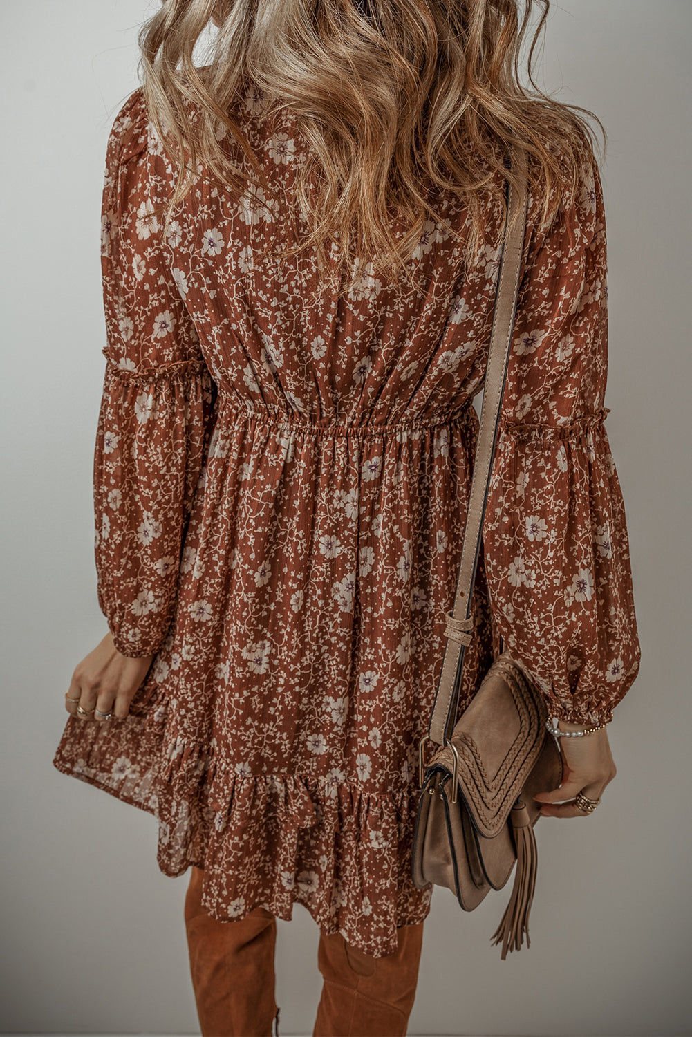 Brown Boho Floral Ruffled Puff Sleeve V Neck Mini Dress Floral Dresses JT's Designer Fashion