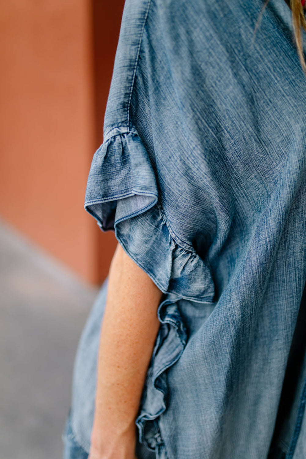 Dusk Blue Chambray Ruffle Hem Half Sleeve Open Loose Kimono Kimonos JT's Designer Fashion