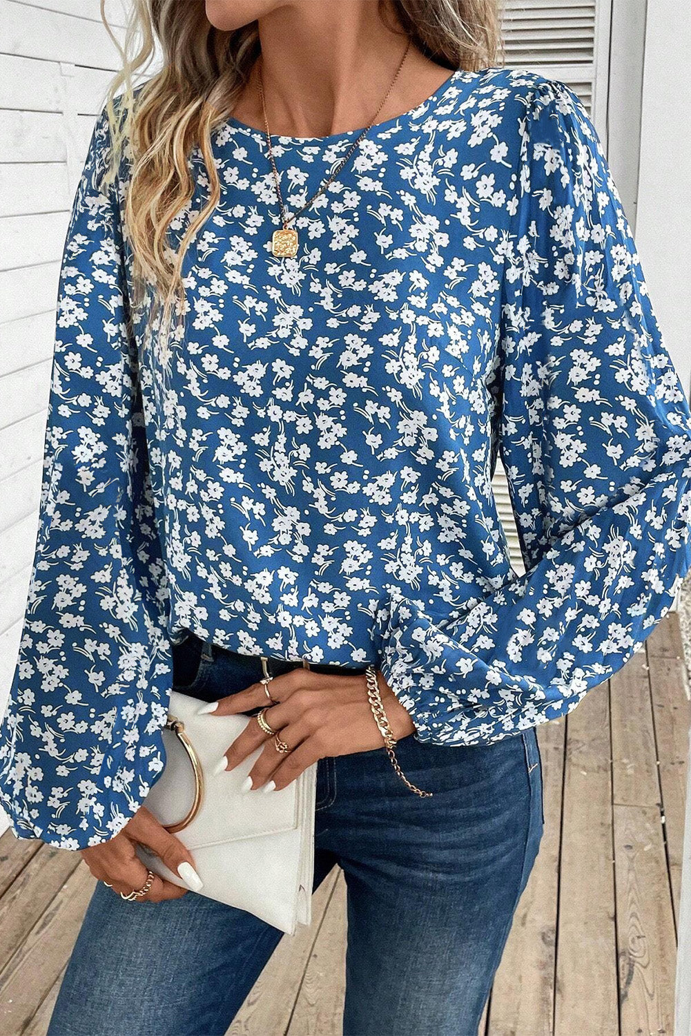 Blue Ditsy Floral Print Lantern Sleeve Blouse Blouses & Shirts JT's Designer Fashion