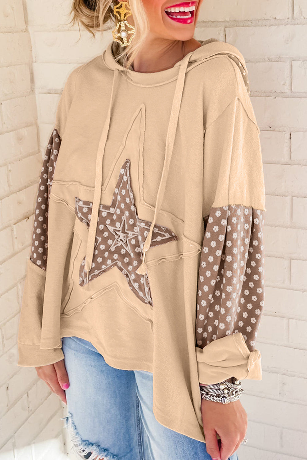 Apricot Floral Patchwork Star Pattern Drawstring Hoodie Sweatshirts & Hoodies JT's Designer Fashion