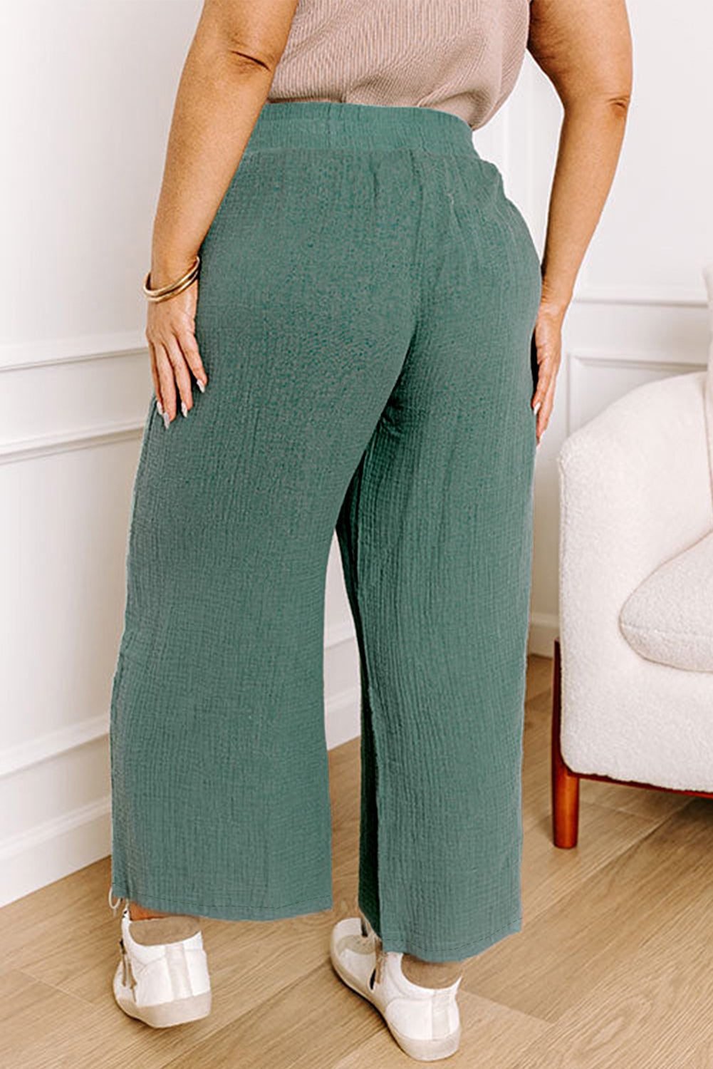 Smoke Green Plus Size Textured Frayed Edge Wide Leg Pants Plus Size Bottoms JT's Designer Fashion