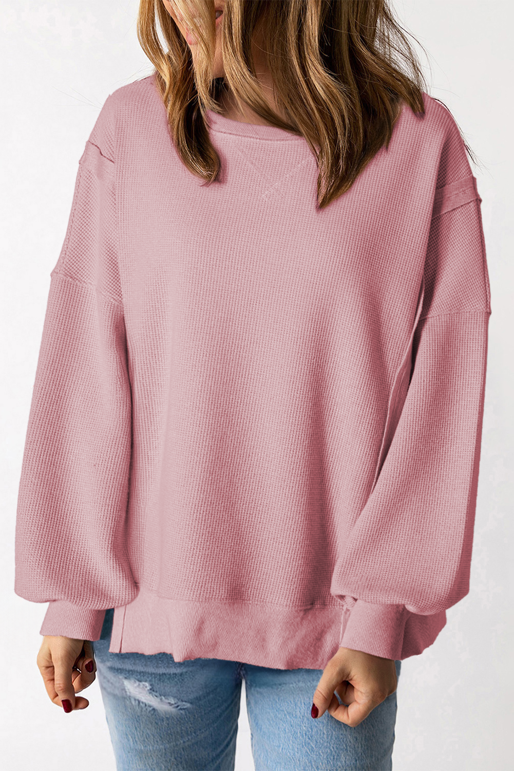 Pink Waffle Knit Bishop Sleeve Split Oversized Sweatshirt Sweatshirts & Hoodies JT's Designer Fashion