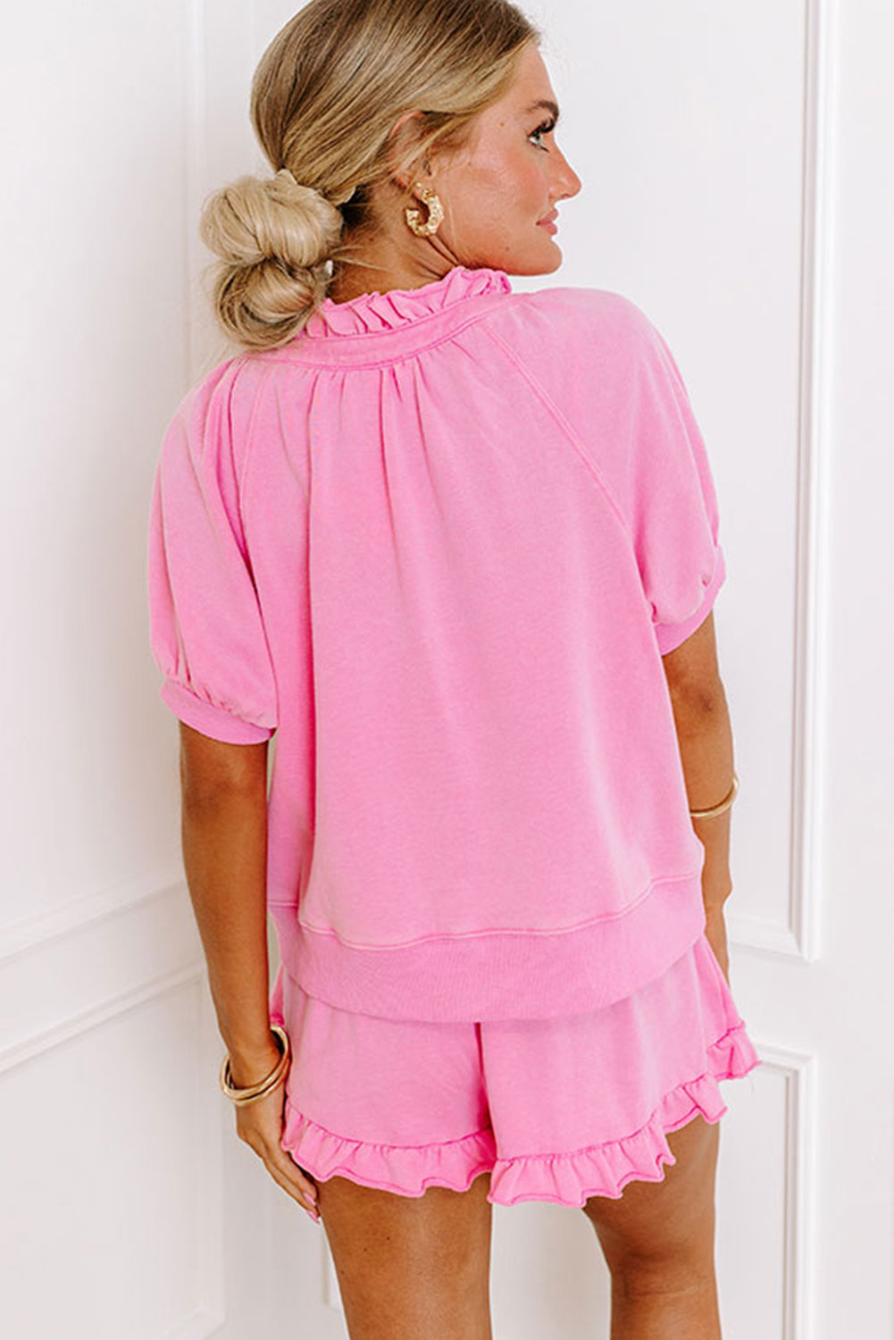 Pink Half Zip Puff Sleeve Top and Ruffled Shorts Set Short Sets JT's Designer Fashion