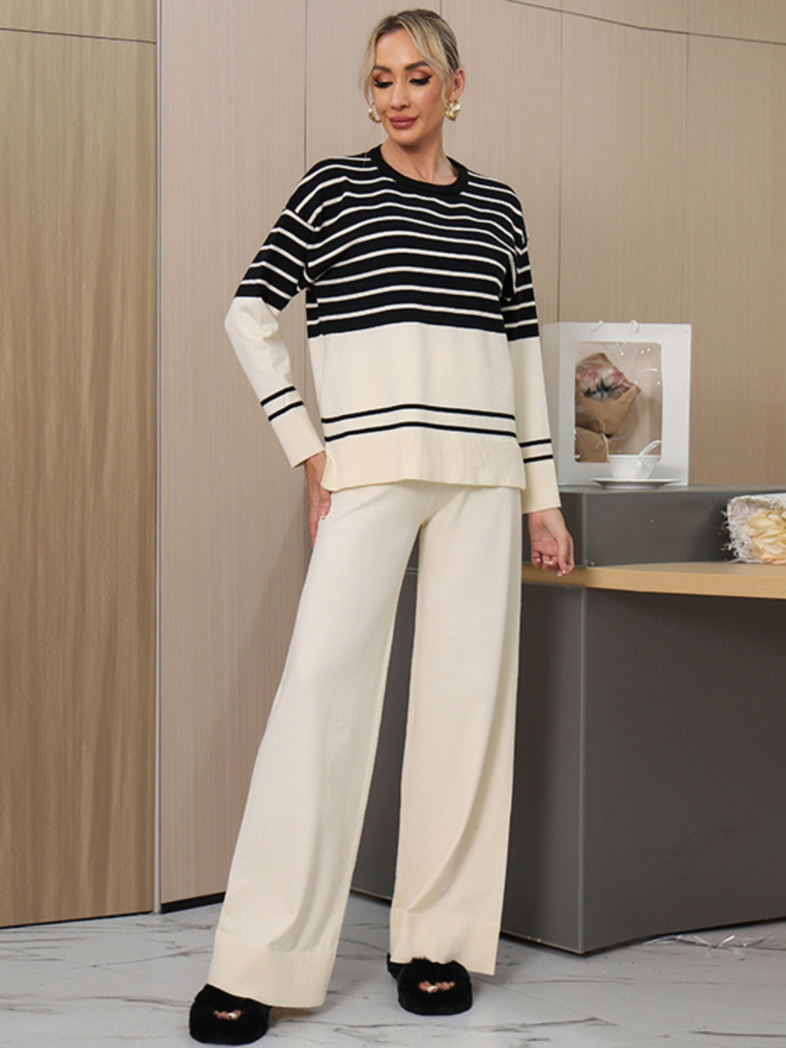 Striped Round Neck Long Sleeve Top and Pants Sweater Set Pant Sets JT's Designer Fashion