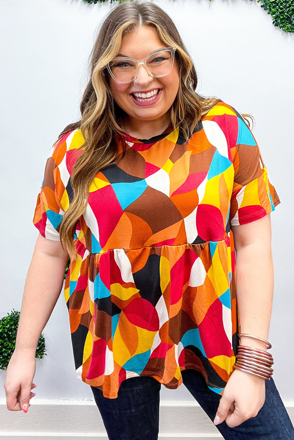 Multicolour Floral / Geometric Print Short Sleeve Plus Size Babydoll Blouse Plus Size JT's Designer Fashion