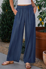Sail Blue Side Pockets Frilled Smocked High Waist Wide Leg Jeans Sail Blue 100%Lyocell Jeans JT's Designer Fashion
