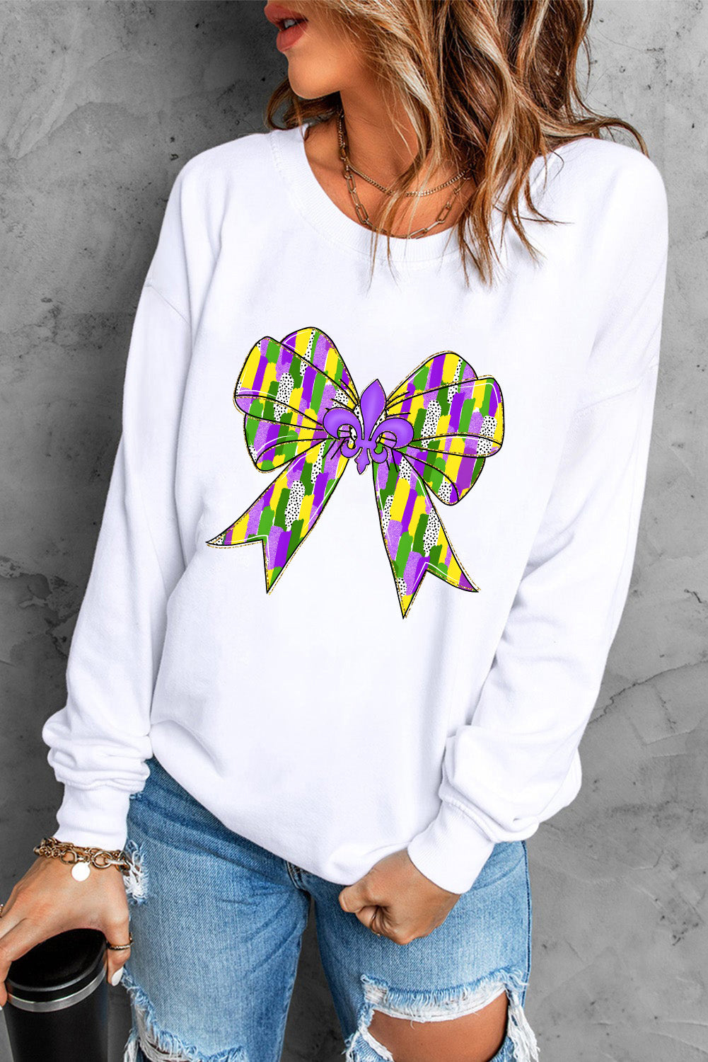 White Mardi Gras Bowknot Graphic Pullover Sweatshirt Graphic Sweatshirts JT's Designer Fashion