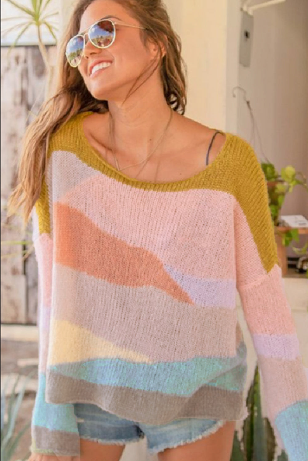 Multicolor Contrast Blocks Drop Shoulder Sweater Sweaters & Cardigans JT's Designer Fashion