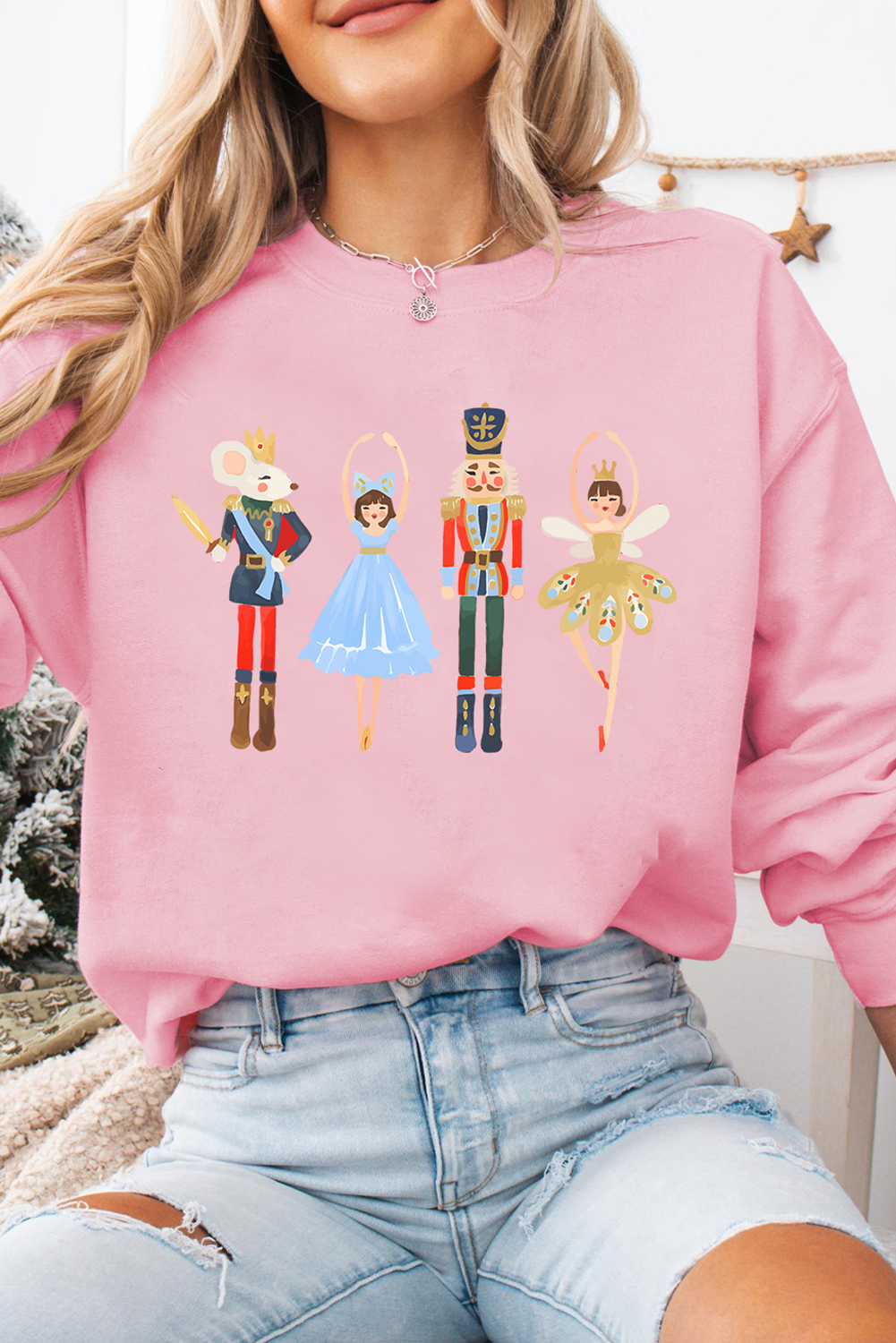 Pink Christmas Nutcracker Fairy Printed Pullover Sweatshirt Graphic Sweatshirts JT's Designer Fashion