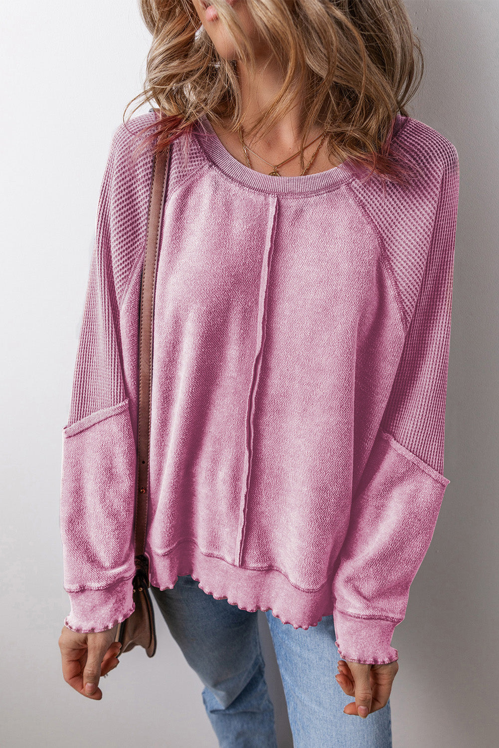 Pink Waffle Knit Patchwork Exposed Seam Raglan Sweatshirt Sweatshirts & Hoodies JT's Designer Fashion