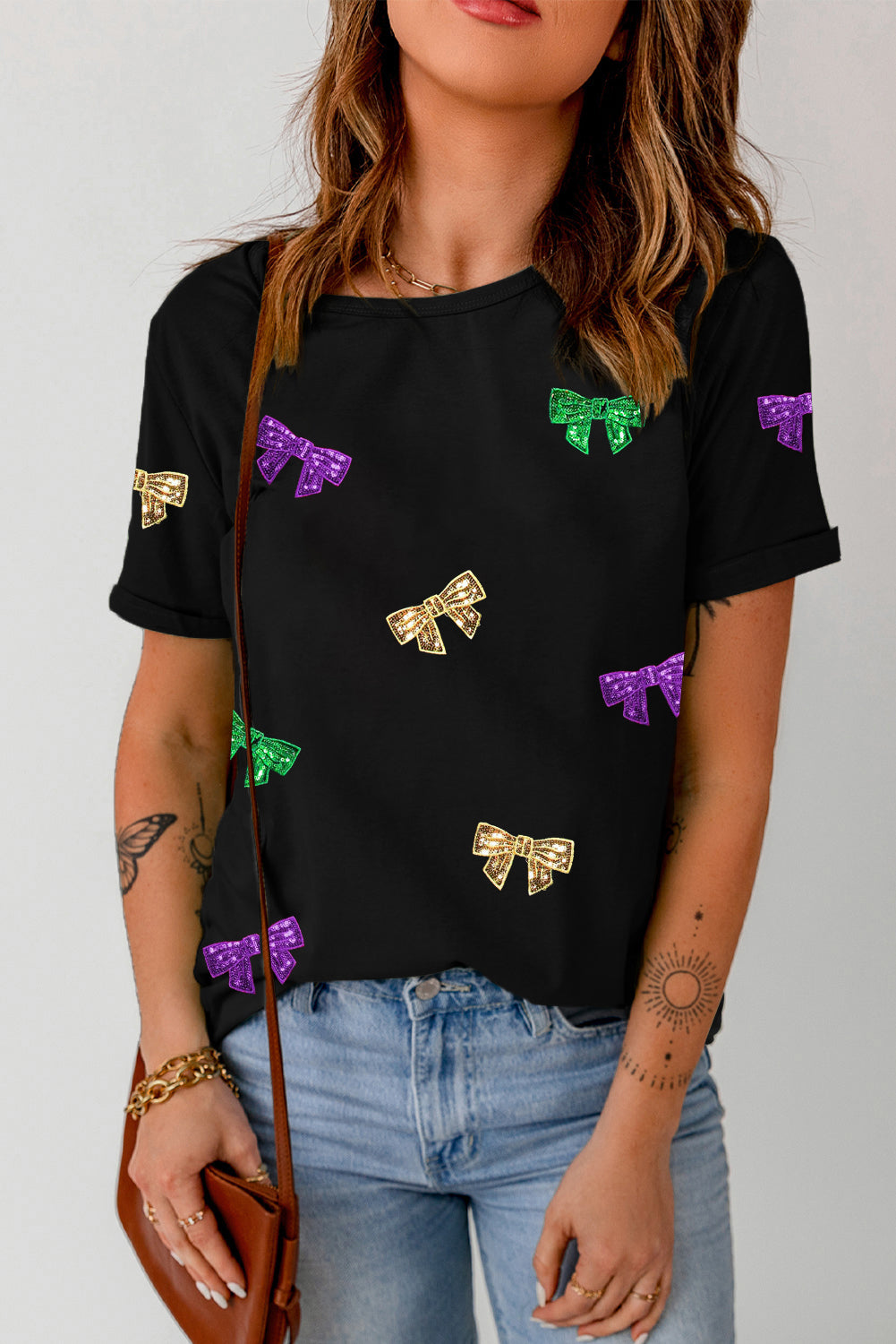 Black Mardi Gras Sequin Bow Knot Crew Neck T Shirt Graphic Tees JT's Designer Fashion