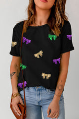 Black Mardi Gras Sequin Bow Knot Crew Neck T Shirt Graphic Tees JT's Designer Fashion