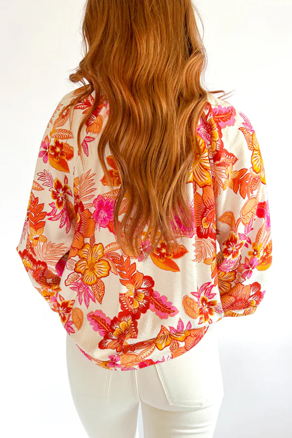 Orange Floral Print Pearl Button Keyhole Long Puff Sleeve Blouse Blouses & Shirts JT's Designer Fashion