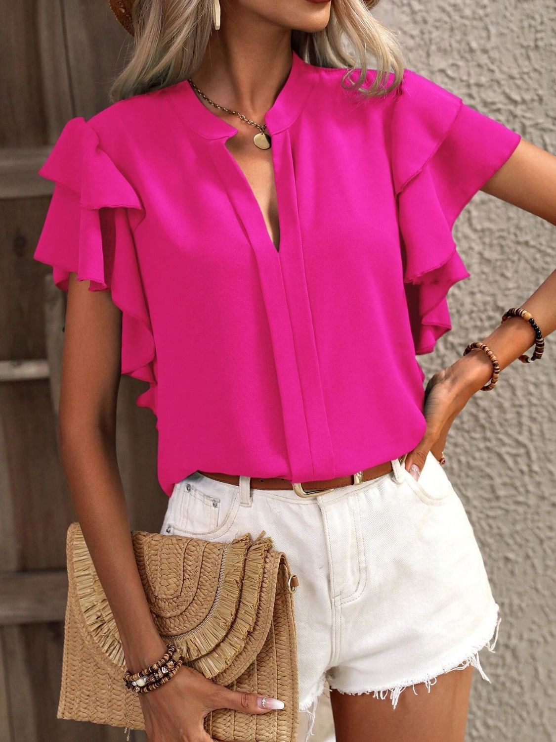 Ruffled Notched Short Sleeve Blouse Hot Pink Blouses & Shirts JT's Designer Fashion