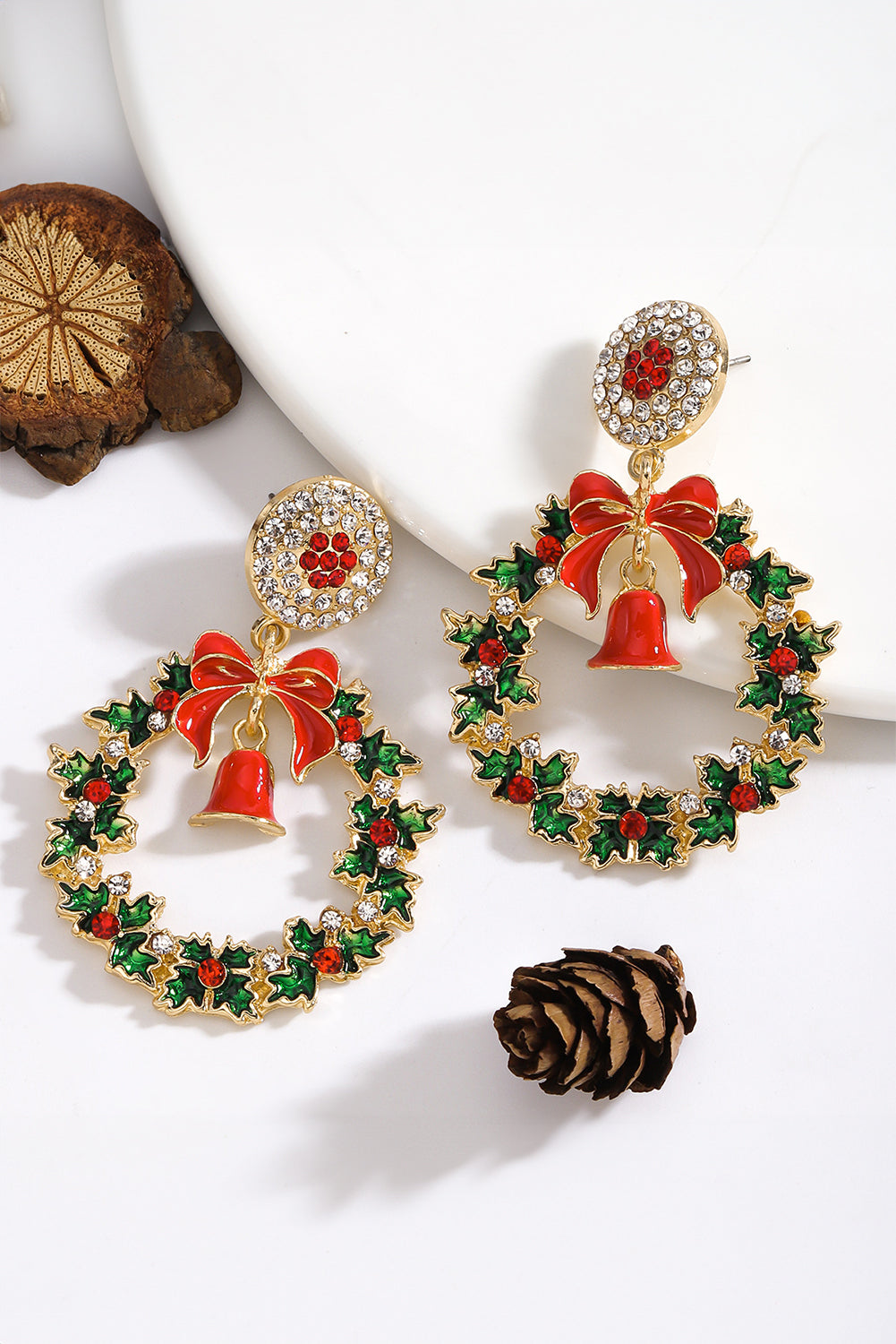 Racing Red Christmas Wreath Bell Rhinestone Stud Dangle Earrings Jewelry JT's Designer Fashion