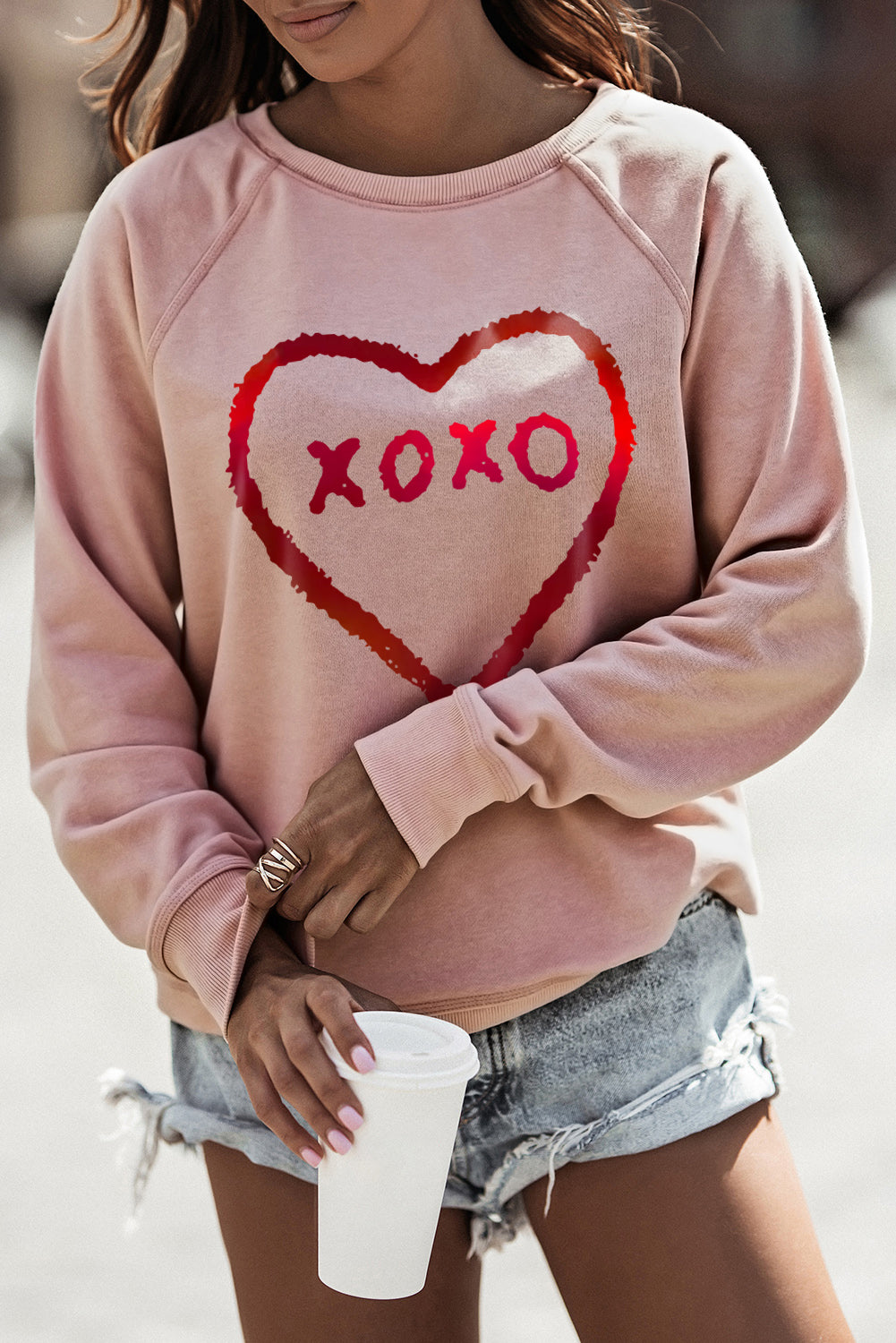 Pink XOXO Heart Shaped Glitter Print Long Sleeve Sweatshirt Graphic Sweatshirts JT's Designer Fashion