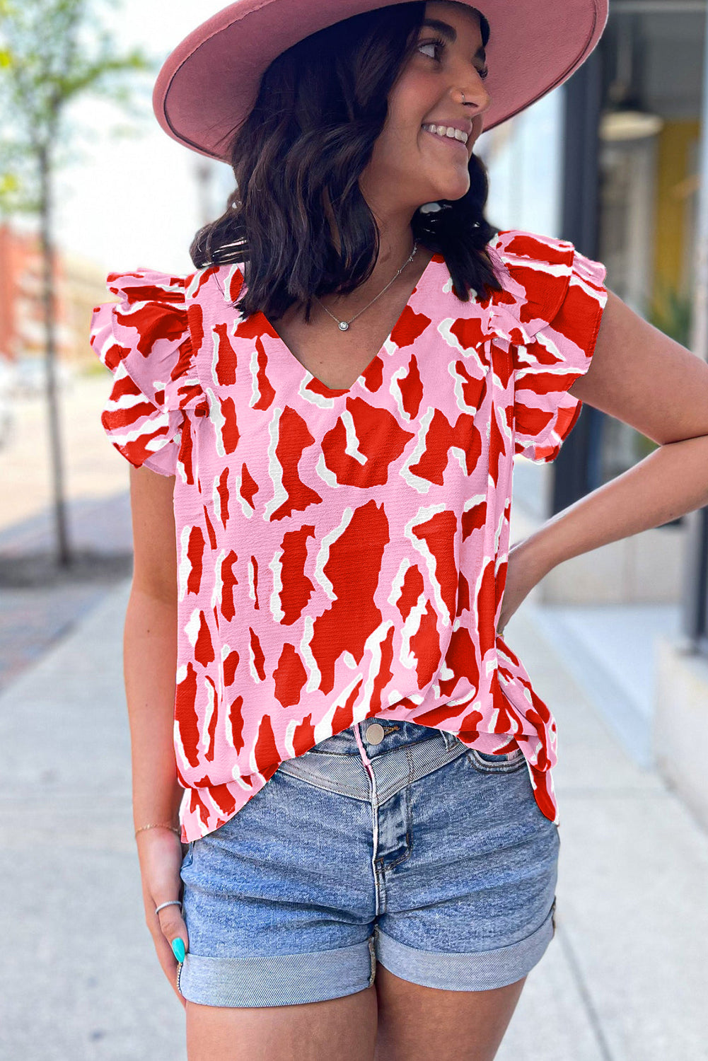 Pink Abstract Print V Neck Ruffled Sleeve Blouse Tops & Tees JT's Designer Fashion