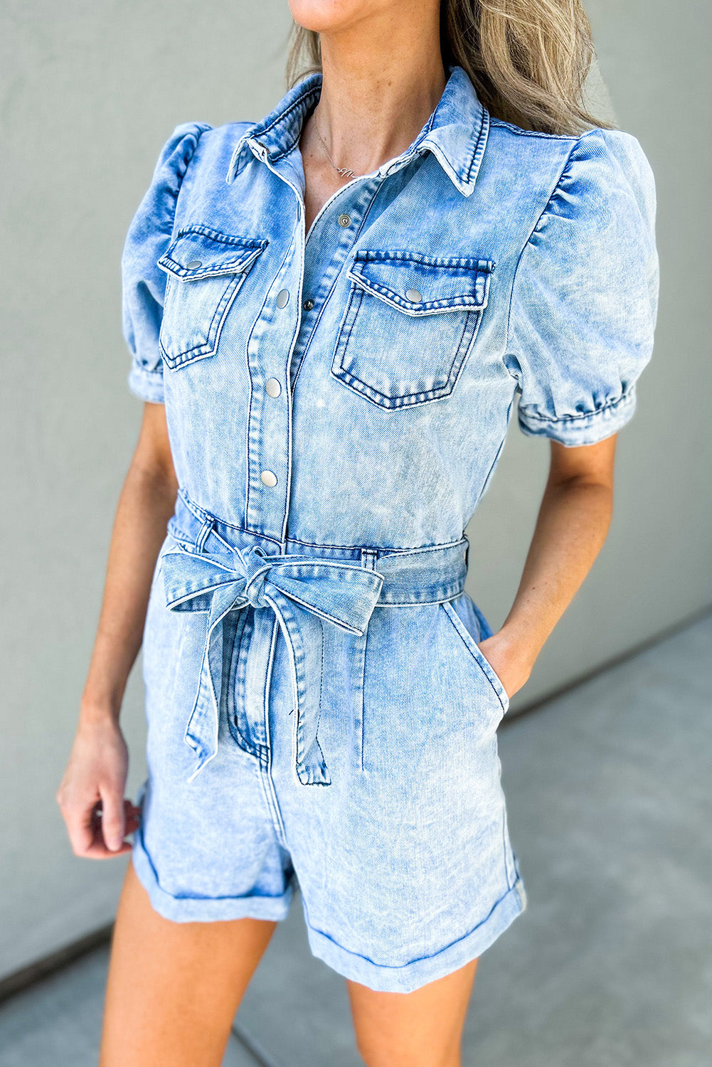 Light Blue Retro Snap Button Puff Sleeve Denim Romper Pre Order Bottoms JT's Designer Fashion