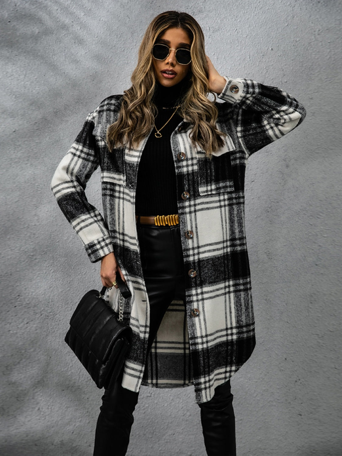 Plaid Collared Neck Long Sleeve Coat Coats & Jackets JT's Designer Fashion