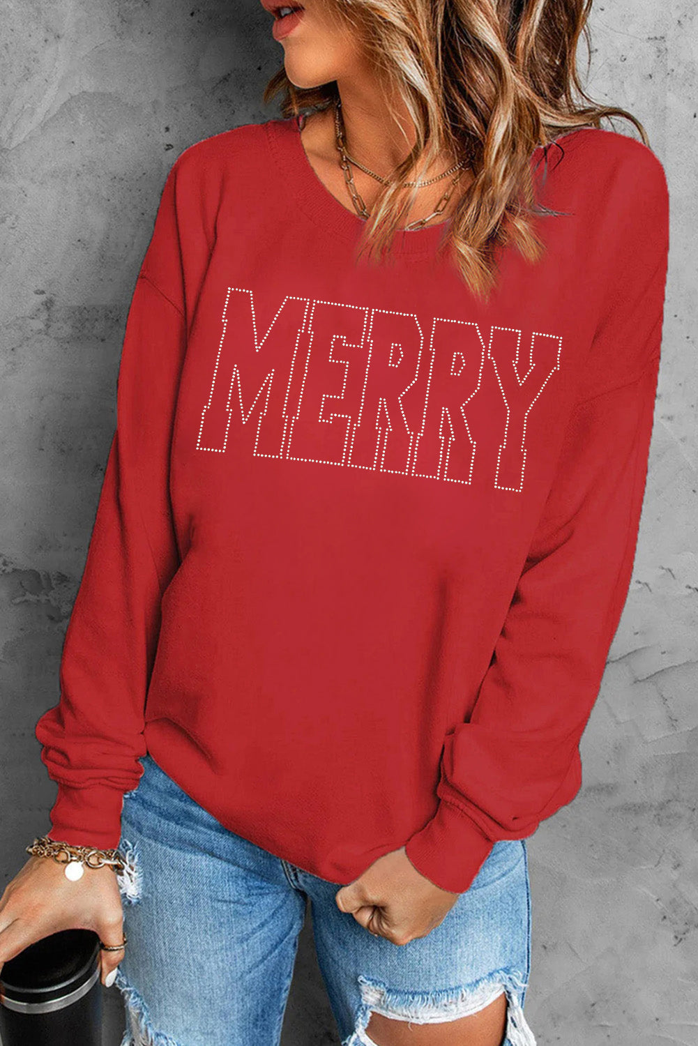 Red Rhinestone MERRY Letter Graphic Christmas Fashion Sweatshirt Graphic Sweatshirts JT's Designer Fashion