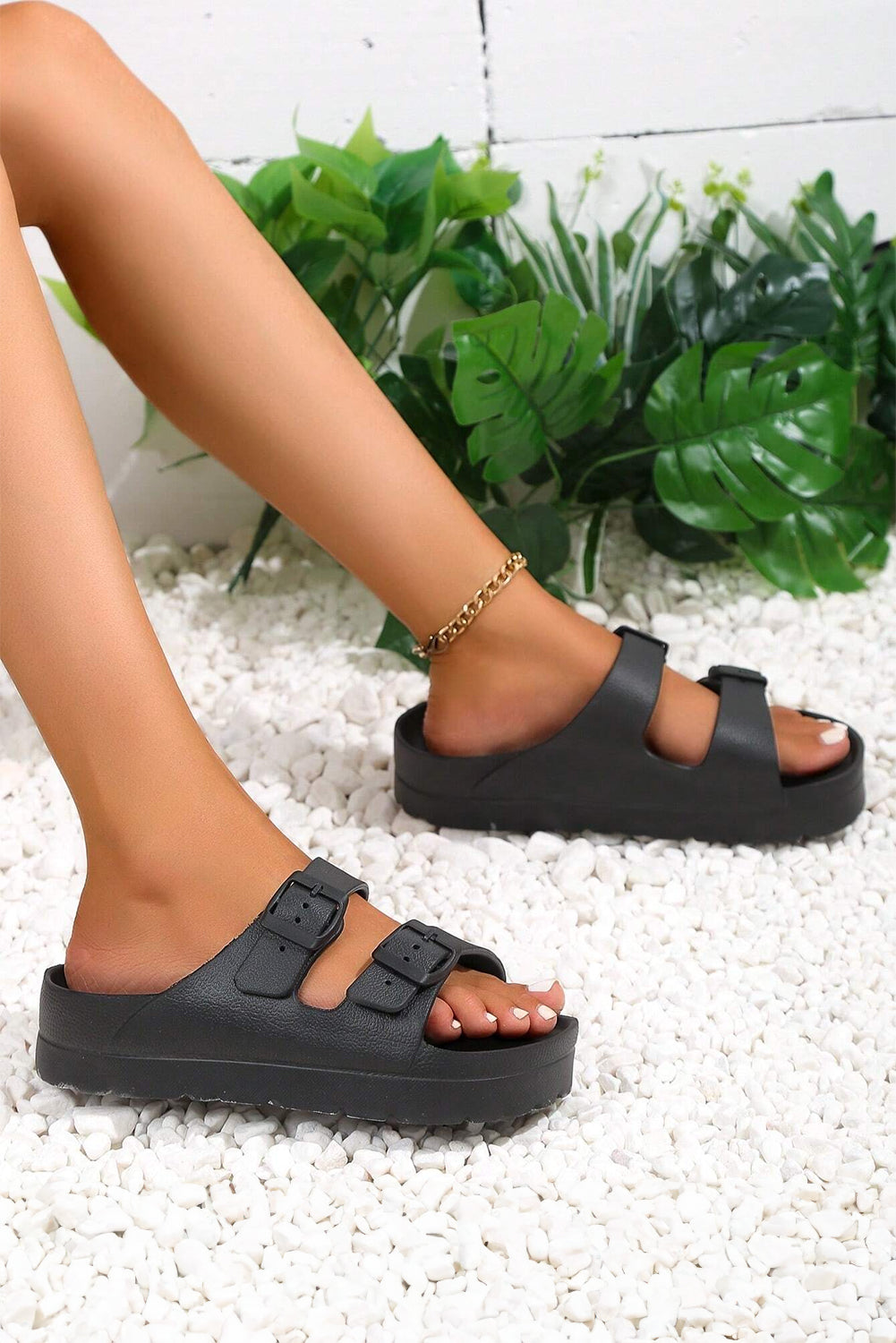 Black Double-buckle EVA Slippers Slippers JT's Designer Fashion