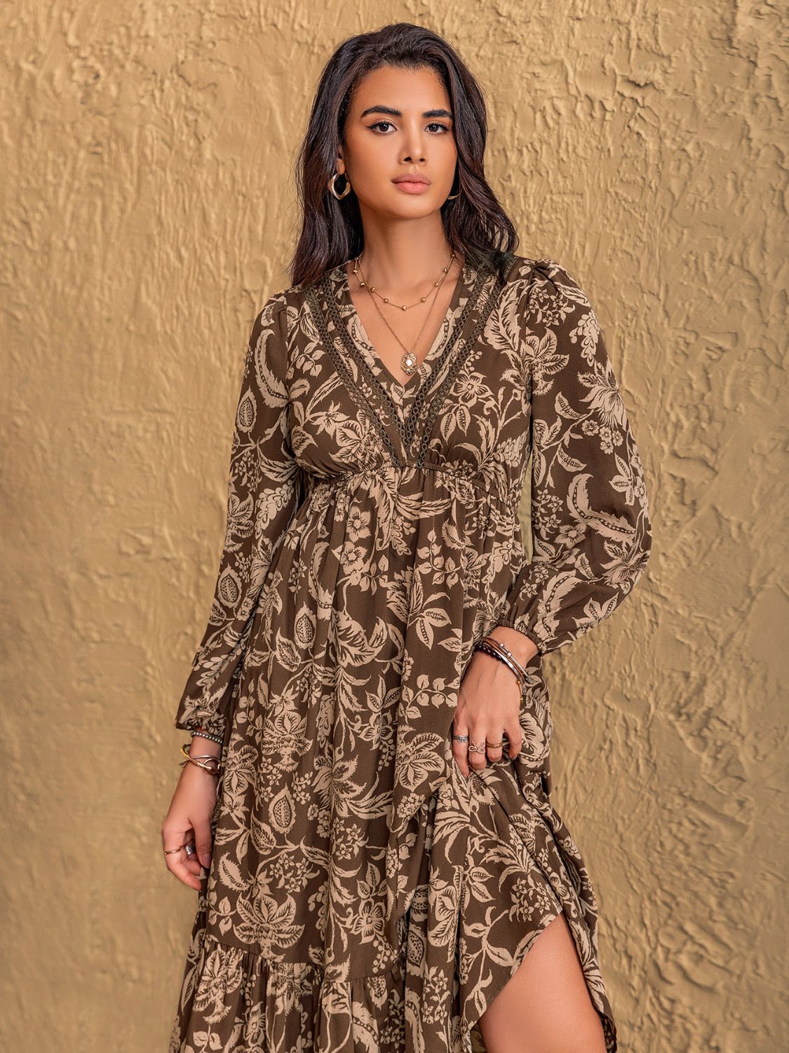 Ruched Printed V-Neck Long Sleeve Midi Dress Maxi Dresses JT's Designer Fashion