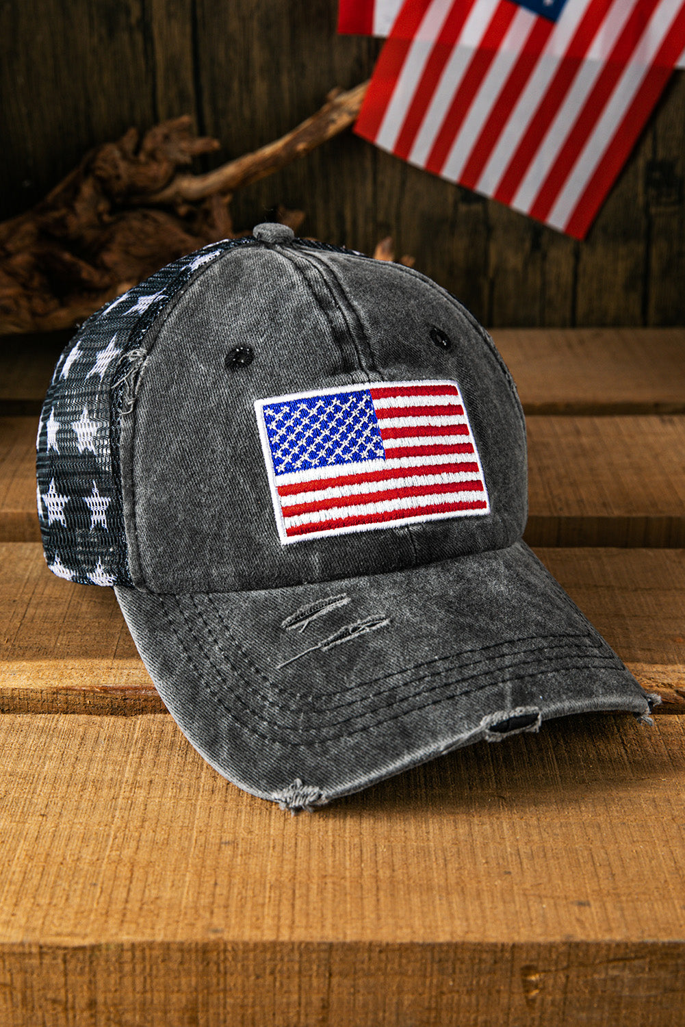 Black Star Print Mesh American Flag Embroidered Baseball Cap Hats & Caps JT's Designer Fashion