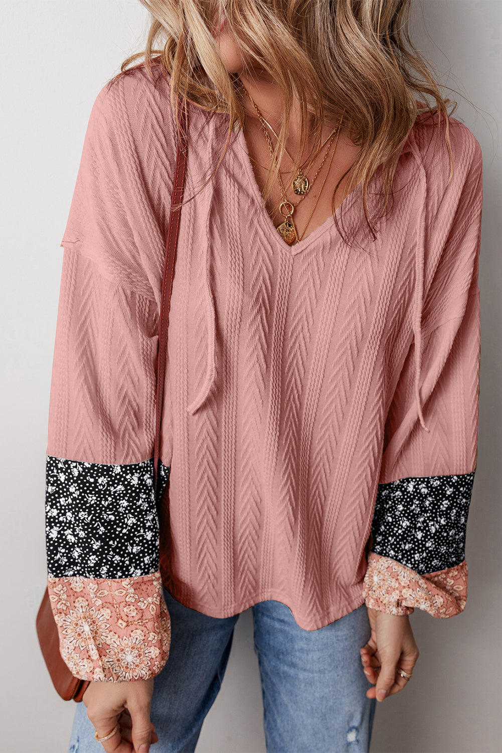 Dusty Pink Floral Patchwork Textured Knit Drawstring V Neck Blouse Blouses & Shirts JT's Designer Fashion