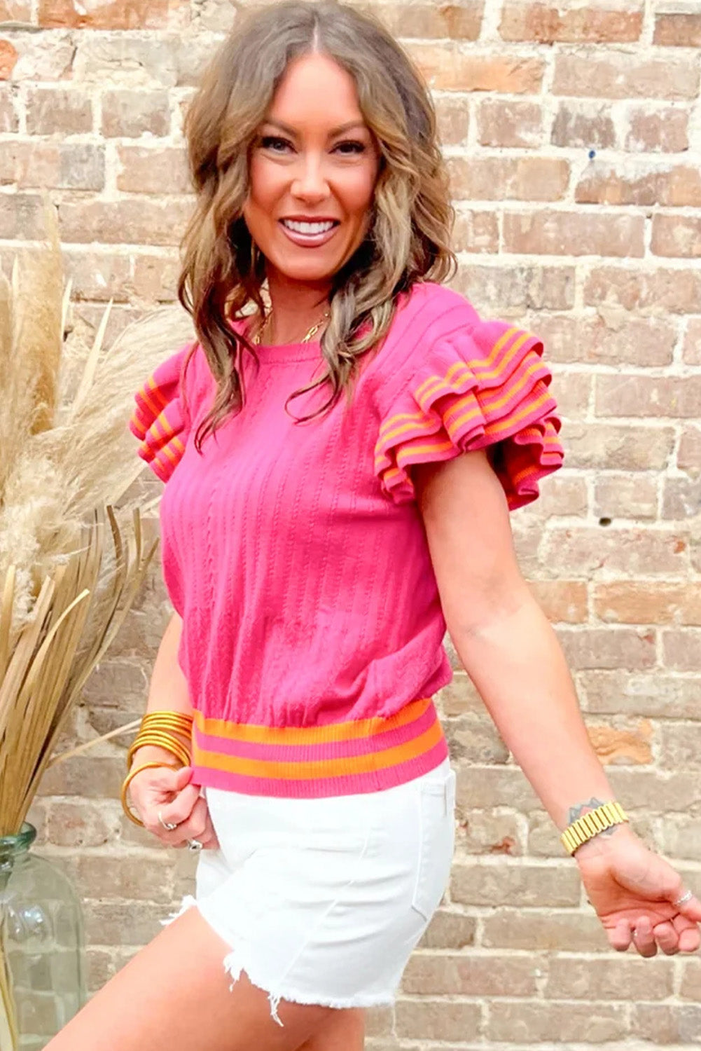 Sachet Pink Striped Trim Ruffle Sleeve Summer Sweater Top Pre Order Sweaters & Cardigans JT's Designer Fashion