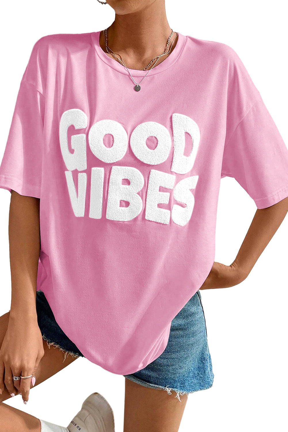 Pink GOOD VIBES Chenille Embroidered Crewneck T Shirt Tops & Tees JT's Designer Fashion