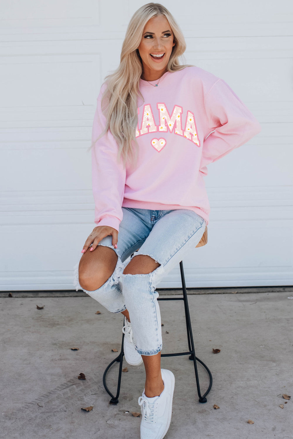 Pink Mama Letter Print Daisy Shading Sweatshirt Graphic Sweatshirts JT's Designer Fashion