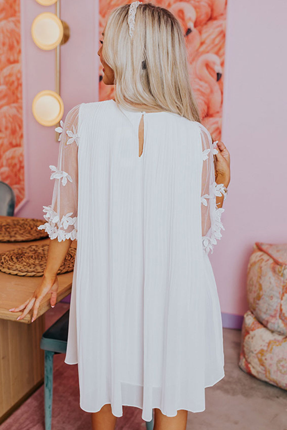 White Floral Applique Mesh Sleeve Pleated Mini Dress Pre Order Dresses JT's Designer Fashion