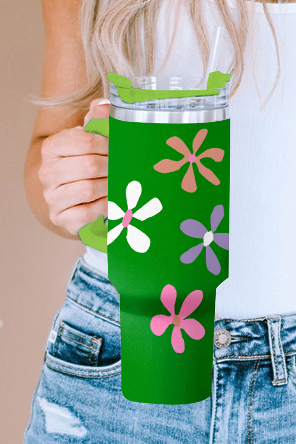 Dark Green Floral Print Stainless Steel Tumbler with Handle 1200ml Tumblers JT's Designer Fashion