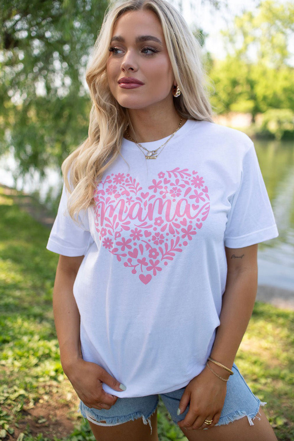 White Floral mama Heart Shape Graphic T Shirt Graphic Tees JT's Designer Fashion