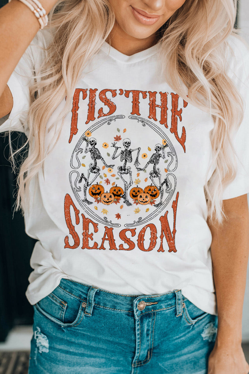 White Halloween Season Dancing Skeleton Graphic Tee Graphic Tees JT's Designer Fashion