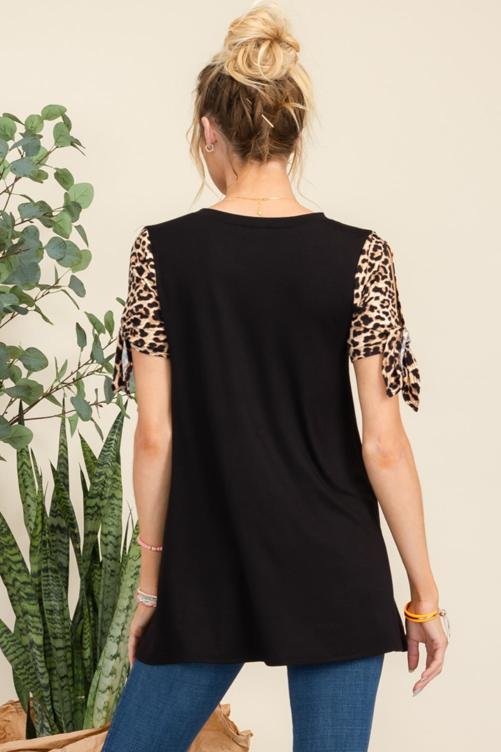 Celeste Full Size Open Tie Sleeve Leopard Color Blocked Top Blouses & Shirts JT's Designer Fashion