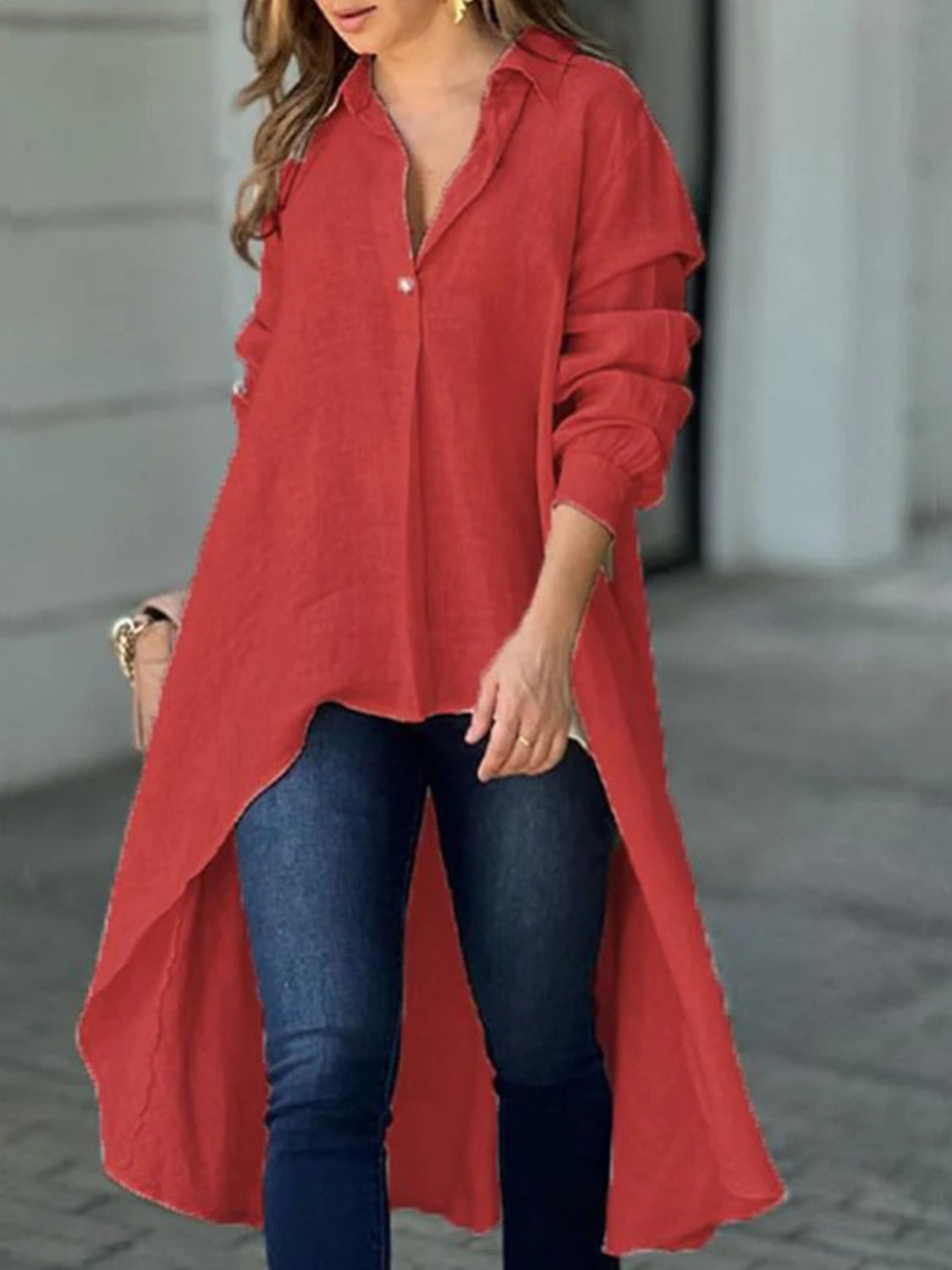 Full Size High-Low Collared Neck Long Sleeve Shirt Deep Red Long Sleeve Tops JT's Designer Fashion