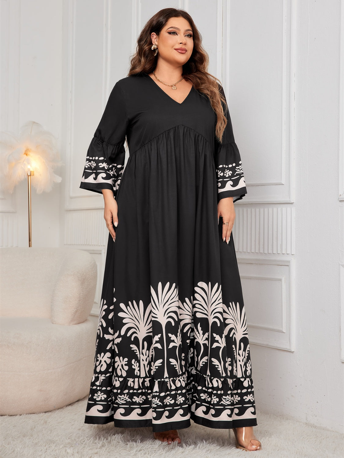 Plus Size Printed V-Neck Long Sleeve Maxi Dress Maxi Dresses JT's Designer Fashion