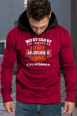 Fiery Red Letter Print Kangaroo Pocket Color Block Men's Hoodie Fiery Red Men's Tops JT's Designer Fashion