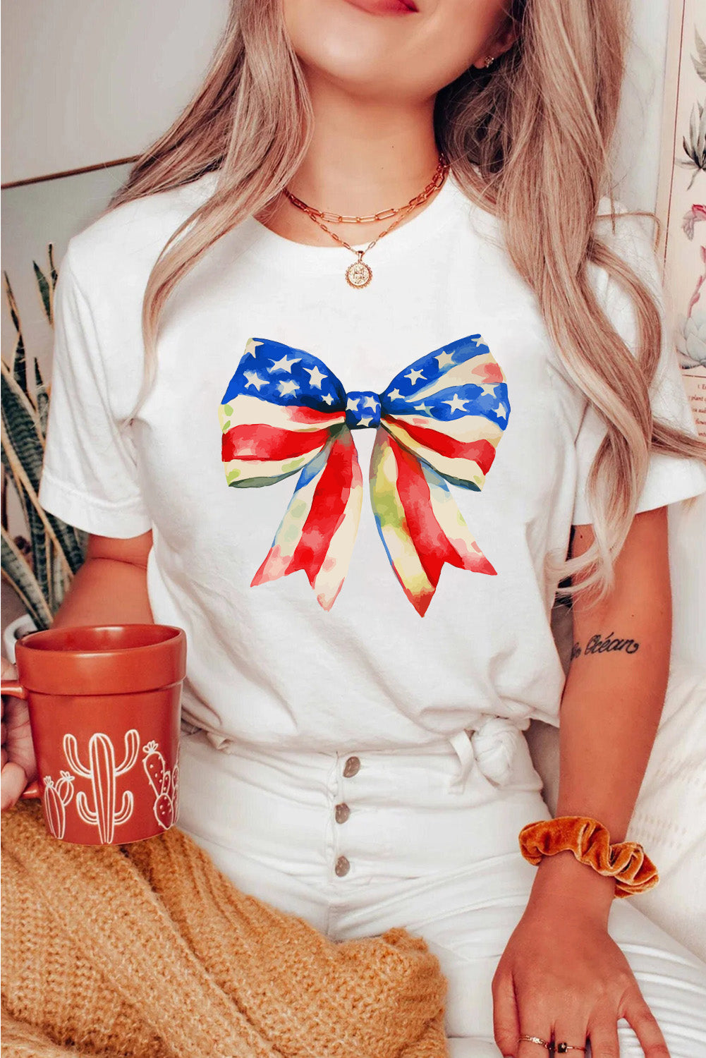 White Independence Day Splash Bow Pattern T Shirt Graphic Tees JT's Designer Fashion